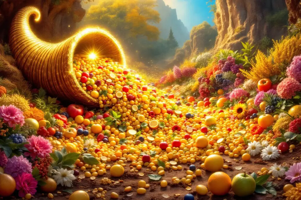 A beautiful image for John 116 Explained showing an overflowing golden cornucopia continuously pouring forth endless abundance onto fertile ground