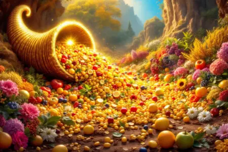 A beautiful image for John 116 Explained showing an overflowing golden cornucopia continuously pouring forth endless abundance onto fertile ground