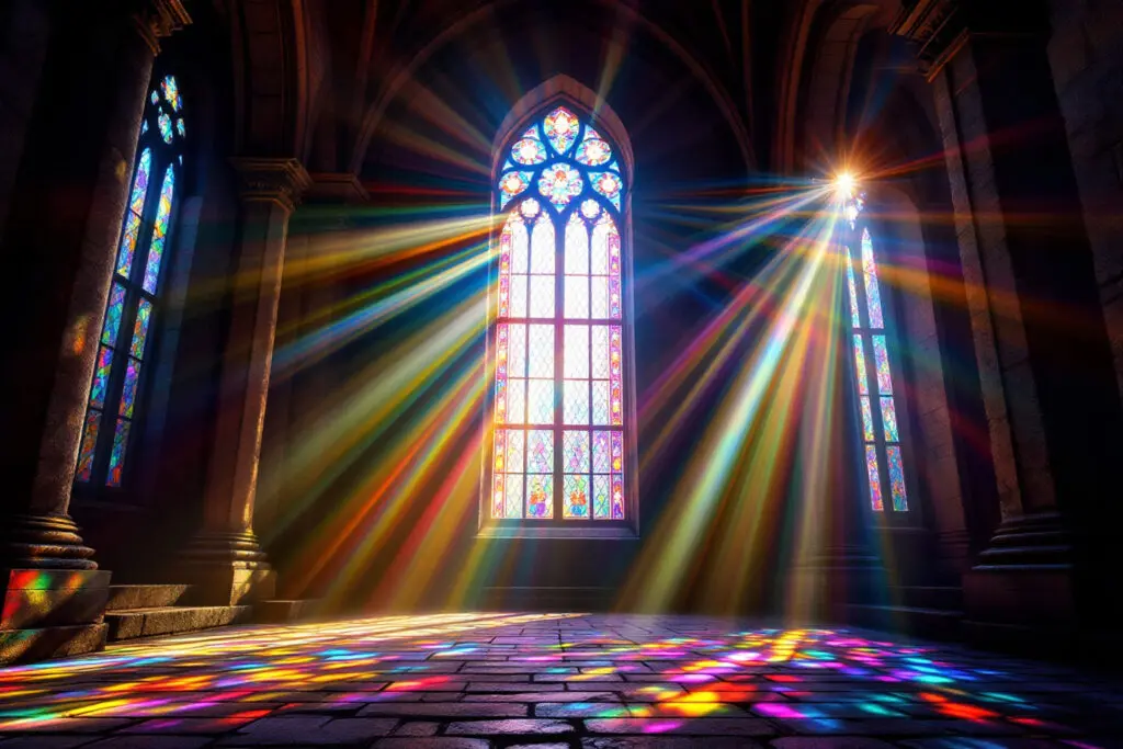 A beautiful image for John 18 Explained depicting sunlight streaming through a stained-glass window transmitting light without being its source
