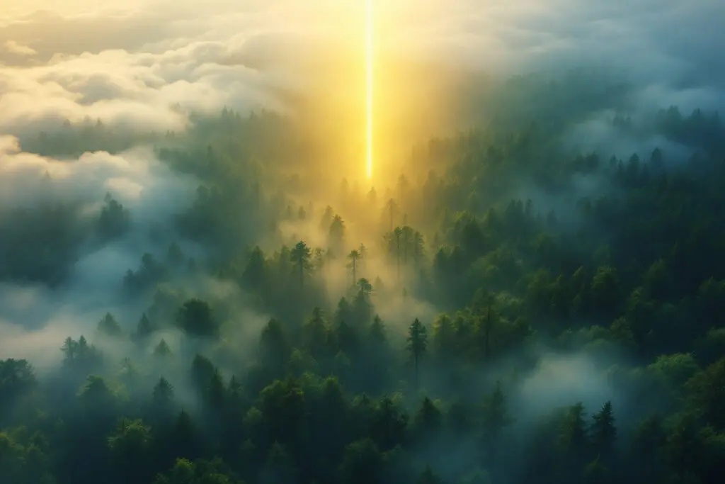 A breathtaking aerial image for John 19 Meaning showing a single ray of golden light breaking through mist to illuminate an entire forest at dawn
