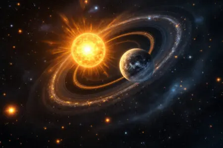 A celestial image representing John 12 Meaning with two ancient suns orbiting each other in perfect eternal harmony