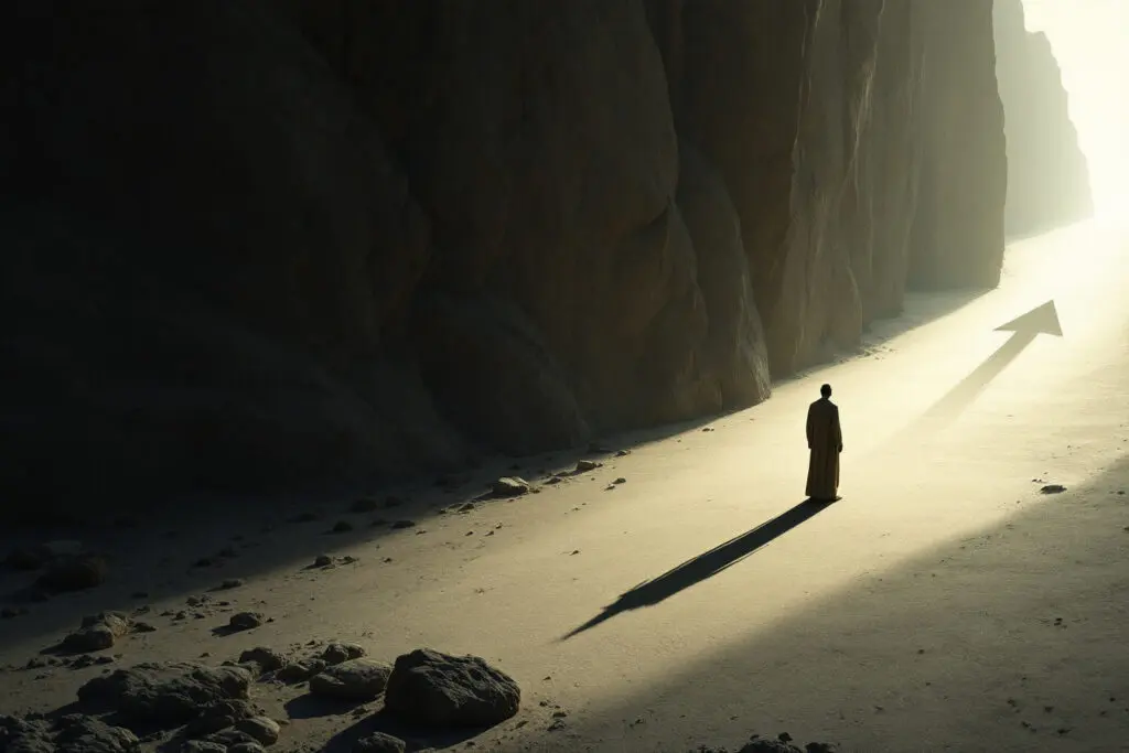 A creative image for John 16 Commentary where a mans shadow is cast as a giant arrow pointing towards a source of light