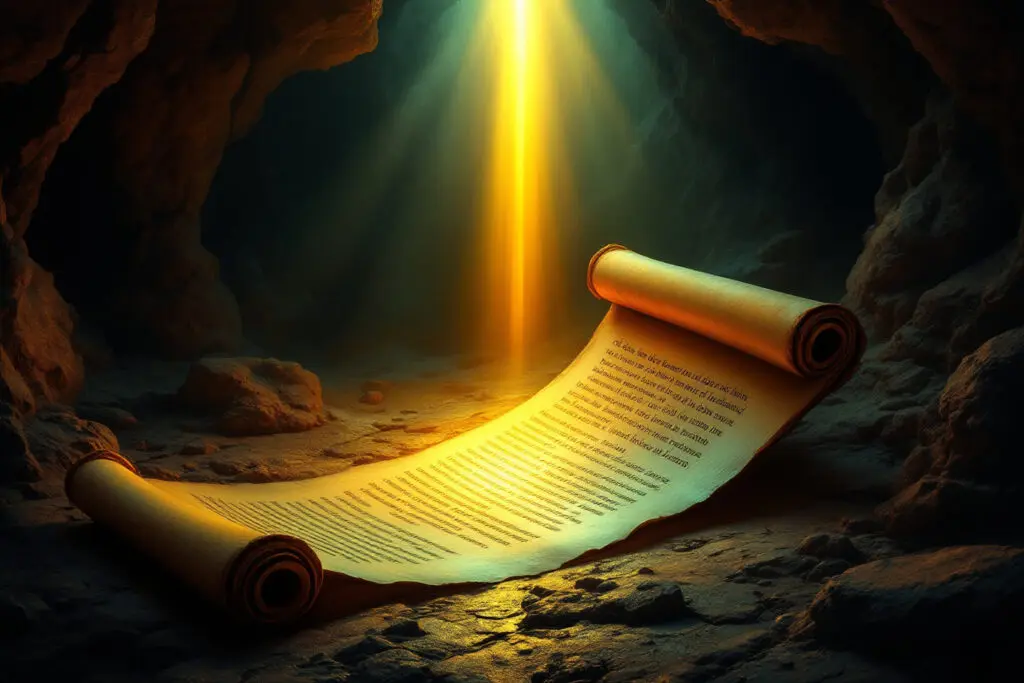 A dramatic image for John 17 Meaning showing a beam of golden light illuminating ancient truths on an unrolling scroll in a dark cave