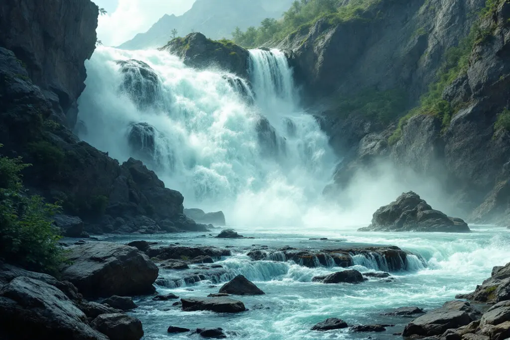 A dynamic image for John 115 Meaning showing an ancient powerful river descending from a higher peak to feed and precede a newer stream