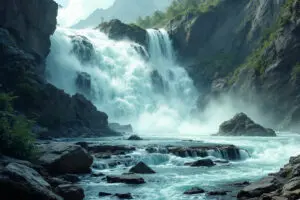 A dynamic image for John 115 Meaning showing an ancient powerful river descending from a higher peak to feed and precede a newer stream