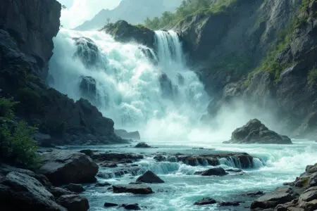 A dynamic image for John 115 Meaning showing an ancient powerful river descending from a higher peak to feed and precede a newer stream