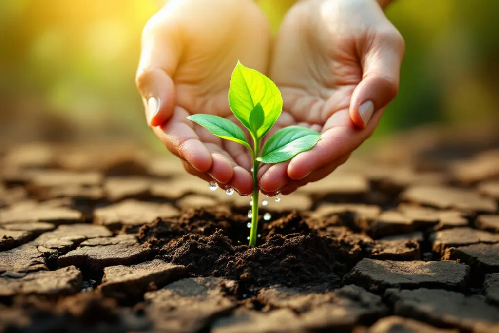 A joyful image for John 112 Meaning showing a vibrant seedling pushing through cracked earth nurtured by gentle hands symbolizing new life and acceptance
