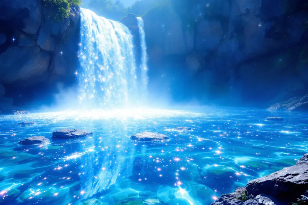 A magical image for John 116 Explained depicting an unending waterfall of pure liquid light continuously overflowing a crystalline lake symbolizing infinite grace
