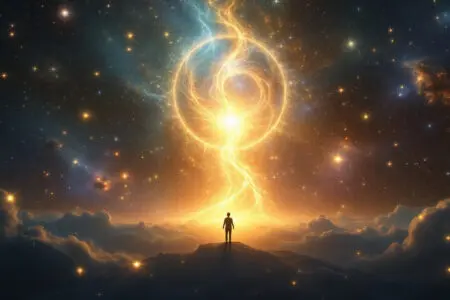 A majestic cosmic image for John 118 Explained showing a brilliant celestial being of light standing at the universes center observing all creation with perfect understanding