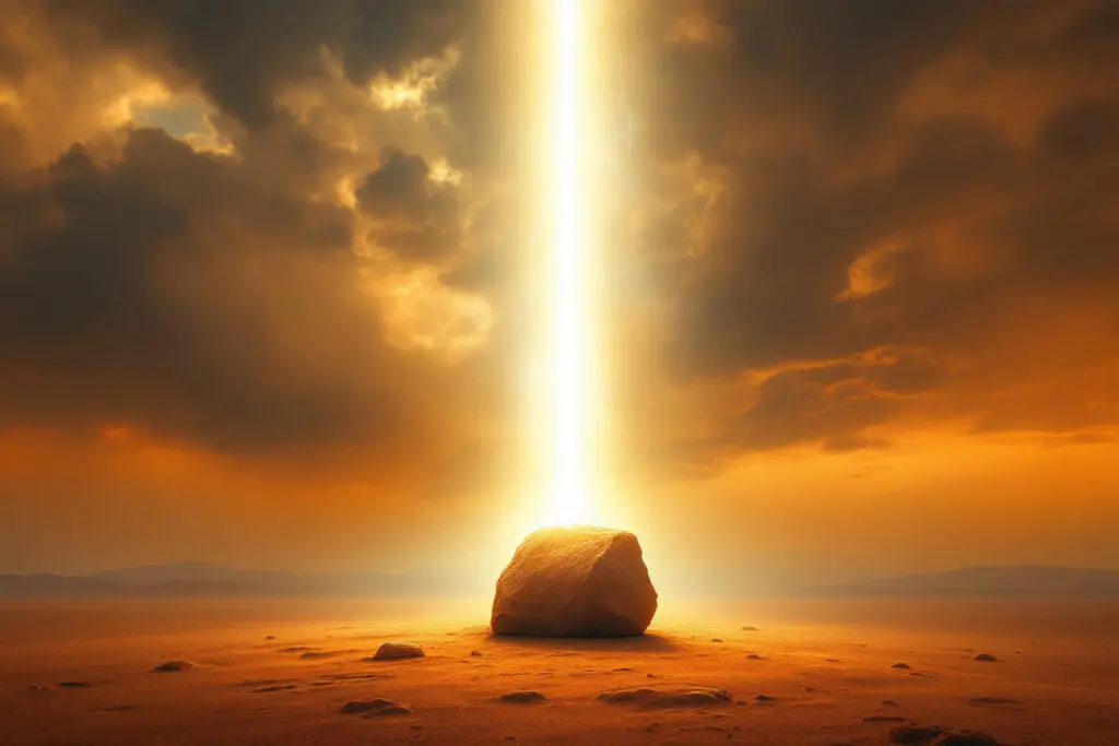 A majestic image for John 114 Meaning depicting a divine pillar of light transforming an ordinary stone altar in the desert into a glowing focal point