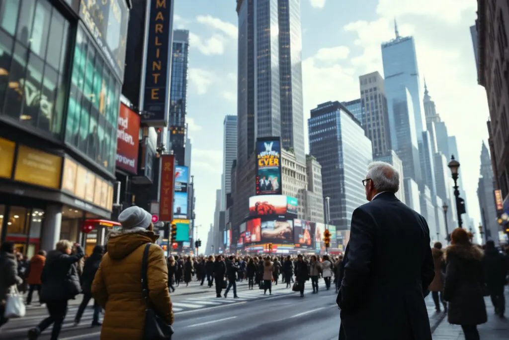 A poignant image for John 110 Meaning showing a famous architect standing unrecognized beside his own skyscraper in a busy city