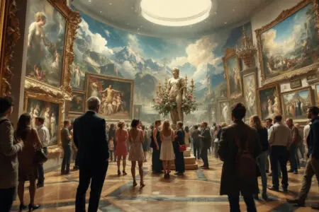 A poignant image for John 110 Meaning showing a master artist standing unrecognized amongst a crowd in the magnificent gallery he created