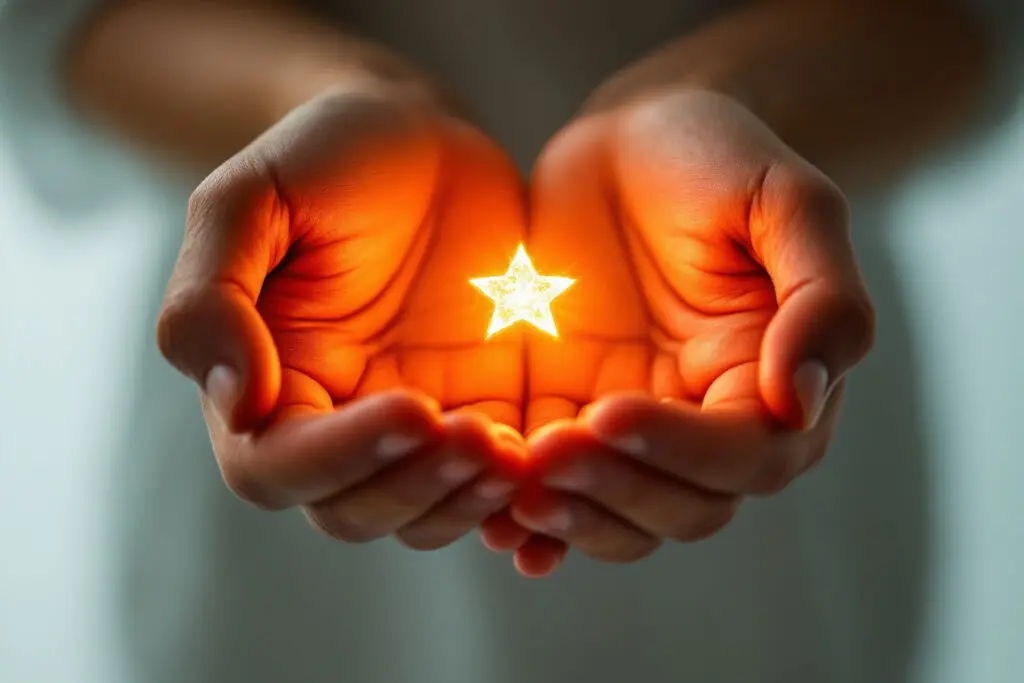 A powerful image for John 14 Explained showing a pair of hands holding a miniature glowing star that illuminates them from within