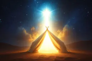A profound image for John 114 Meaning showing an ethereal being of light descending into a desert tent which then glows with divine radiance