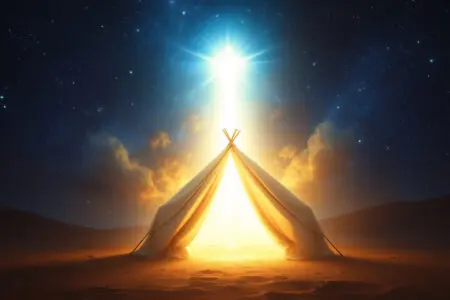 A profound image for John 114 Meaning showing an ethereal being of light descending into a desert tent which then glows with divine radiance