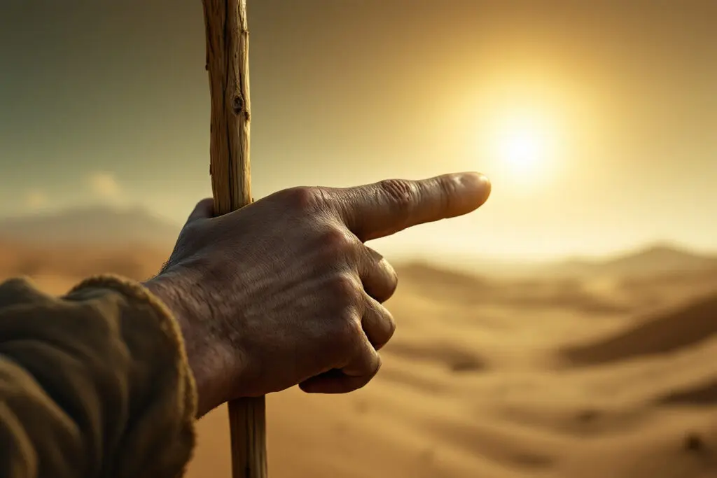 A realistic close-up image for John 120 Meaning showing a hand with a staff pointing away from itself towards a brilliant distant light source making a humble declaration