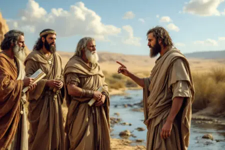 A realistic image for John 119 Commentary showing stern religious leaders interrogating a humble wild-looking man by a desert river