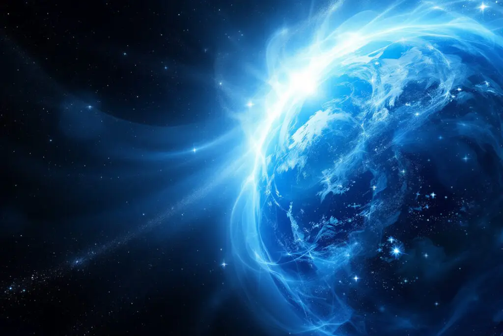 A serene cosmic image for John 118 Explained showing Earth enveloped in a delicate shimmering veil of divine light that reveals all details