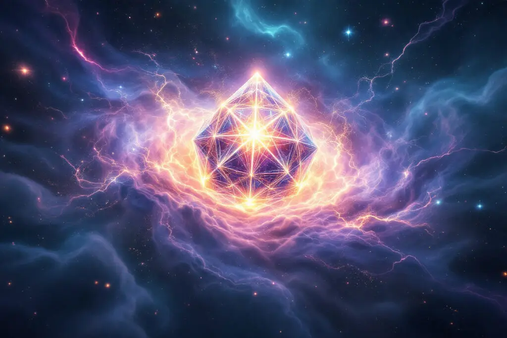 A symbolic image for John 11 Explained showing a perfect glowing crystal of divine order existing within a chaotic cosmic storm