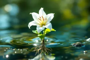 A symbolic image for John 113 Explained showing a pure white lily growing vibrantly from clear spring water symbolizing a divine birth