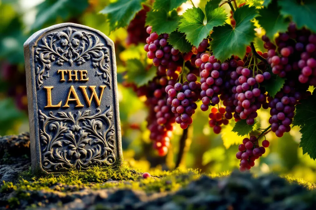 A symbolic image for John 117 Meaning contrasting a rigid stone tablet representing the Law with a vibrant fruitful vine symbolizing grace and truth