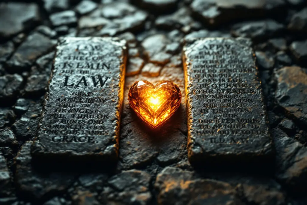 A symbolic image for John 117 Meaning contrasting rigid ancient stone tablets of law with a glowing heart-shaped jewel symbolizing grace and truth