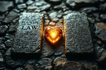 A symbolic image for John 117 Meaning contrasting rigid ancient stone tablets of law with a glowing heart-shaped jewel symbolizing grace and truth