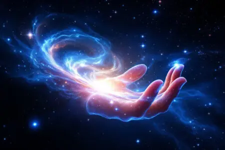 A symbolic image for John 13 Meaning showing a hand of pure light creating galaxies and stars from a dark void