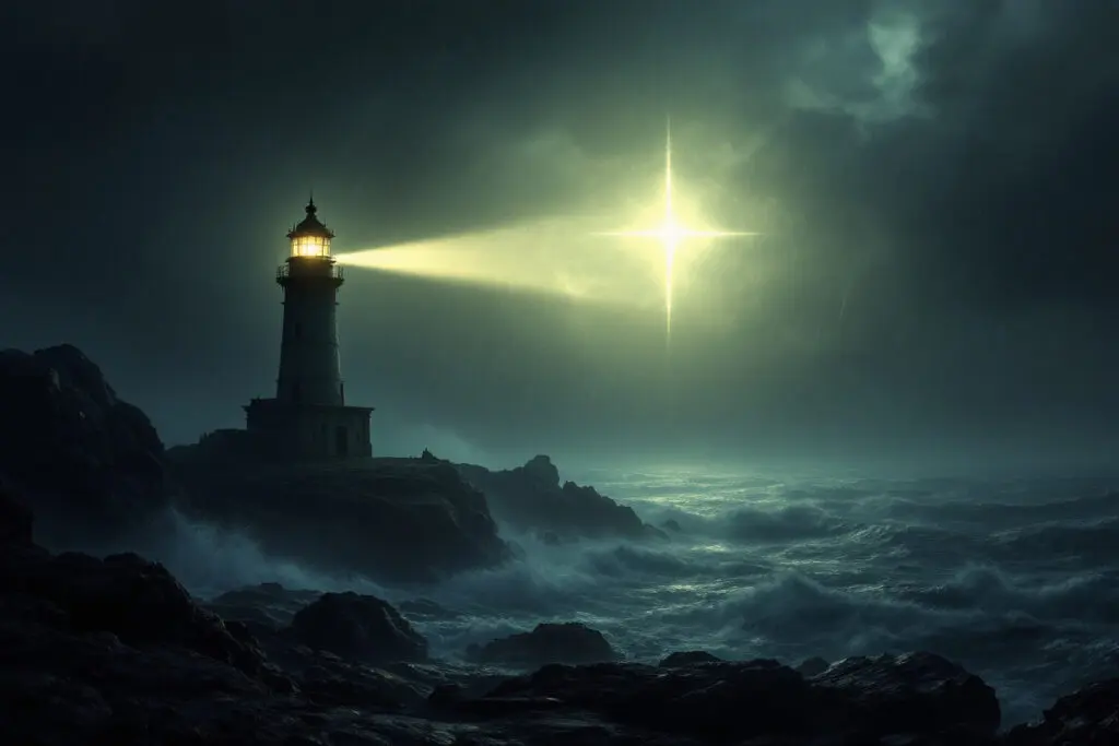 A symbolic image for John 17 Meaning showing a lighthouse beam cutting through a storm to reveal a brilliant star acting as a witness to the true light
