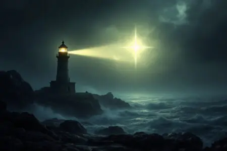 A symbolic image for John 17 Meaning showing a lighthouse beam cutting through a storm to reveal a brilliant star acting as a witness to the true light