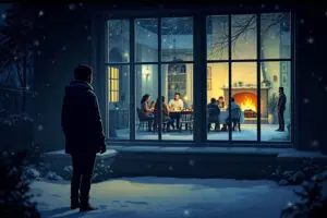 An emotional image for John 111 Explained depicting a person rejected by their own standing alone in the cold while looking into their warm family home