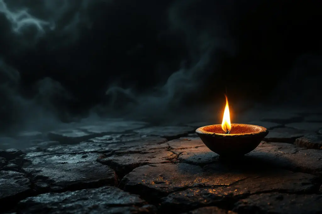 An image representing John 15 Meaning with a single bright lamp burning steadily holding back an immense swirling darkness
