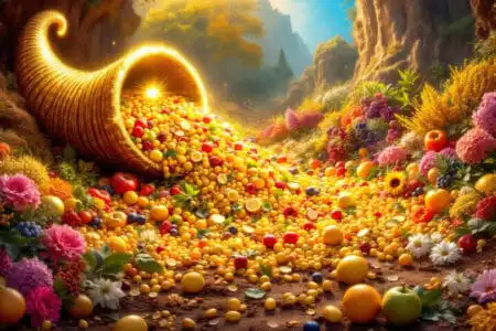 A beautiful image for John 116 Explained showing an overflowing golden cornucopia continuously pouring forth endless abundance onto fertile ground - Gospel of John: Discovering the Way, the Truth, and the Life A beautiful image for John 116 Explained showing an overflowing golden cornucopia continuously pouring forth endless abundance onto fertile ground