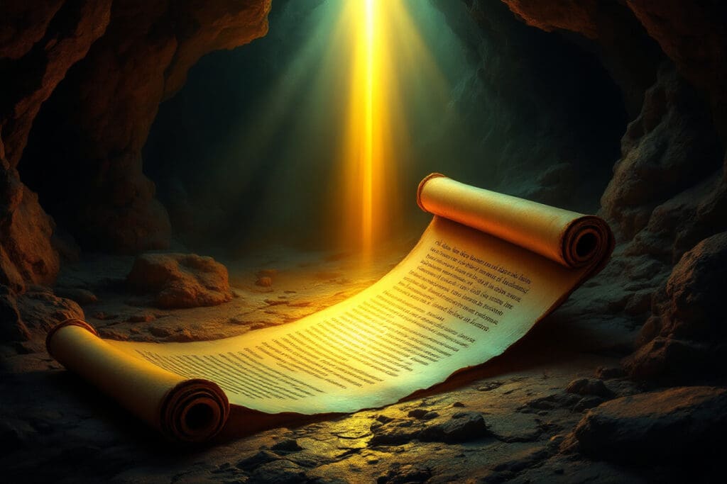 A dramatic image for John 17 Meaning showing a beam of golden light illuminating ancient truths on an unrolling scroll in a dark cave