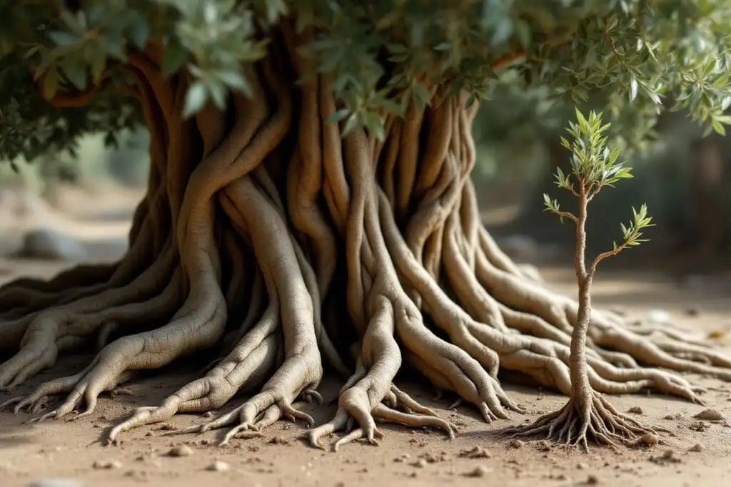 A historical image for John 115 Meaning showing an ancient deeply rooted olive tree standing beside a much younger sapling symbolizing precedence - Gospel of John: Discovering the Way, the Truth, and the Life A historical image for John 115 Meaning showing an ancient deeply rooted olive tree standing beside a much younger sapling symbolizing precedence