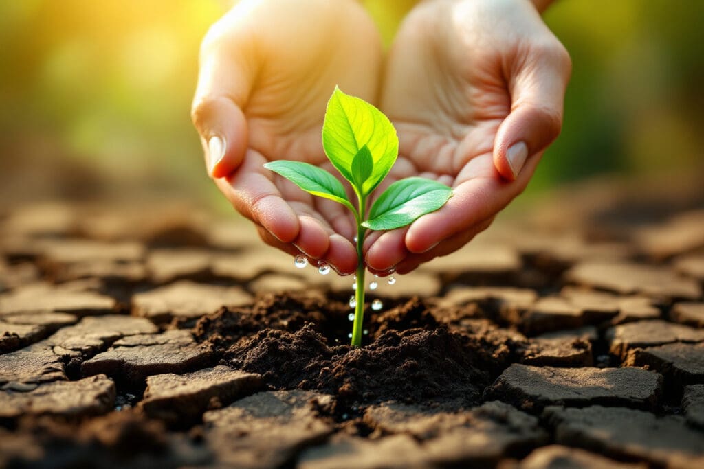 A joyful image for John 112 Meaning showing a vibrant seedling pushing through cracked earth nurtured by gentle hands symbolizing new life and acceptance