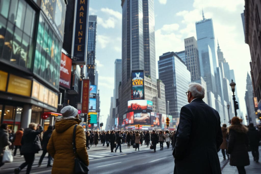A poignant image for John 110 Meaning showing a famous architect standing unrecognized beside his own skyscraper in a busy city