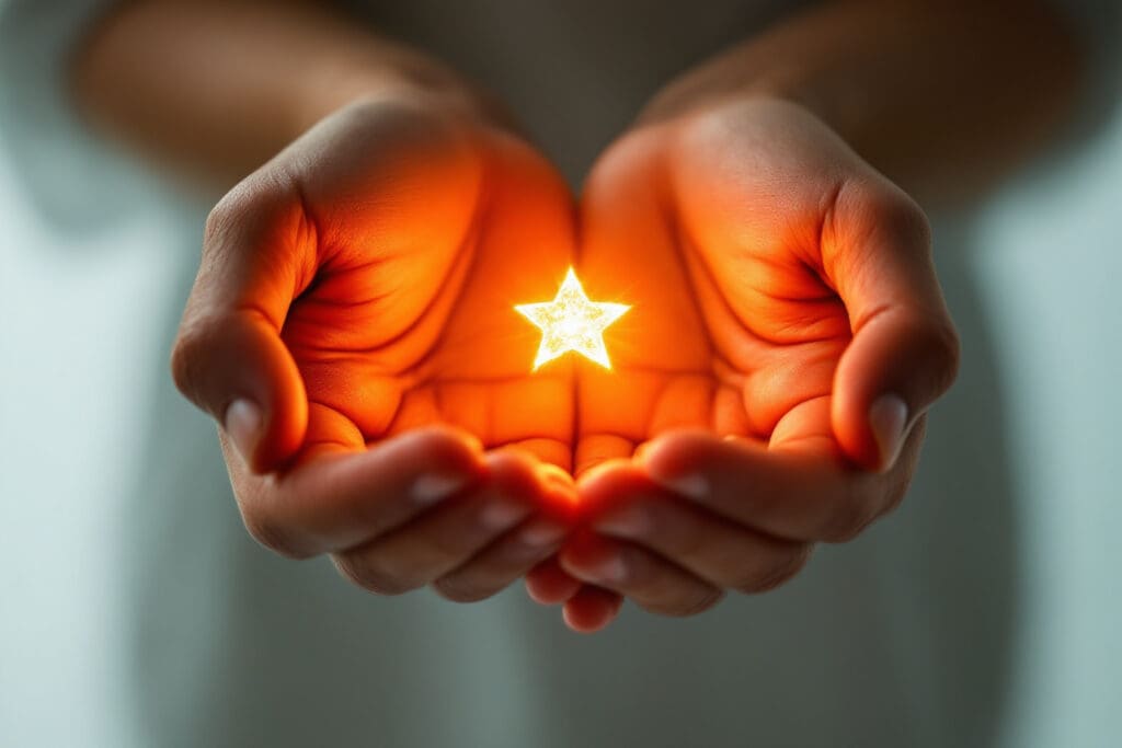 A powerful image for John 14 Explained showing a pair of hands holding a miniature glowing star that illuminates them from within