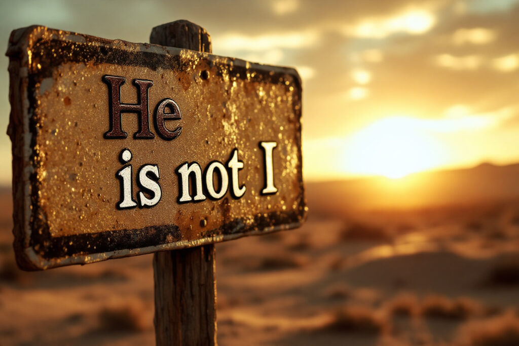 A realistic close-up image for John 120 Meaning showing an old signpost in the desert clearly pointing away from itself towards a brilliant setting sun
