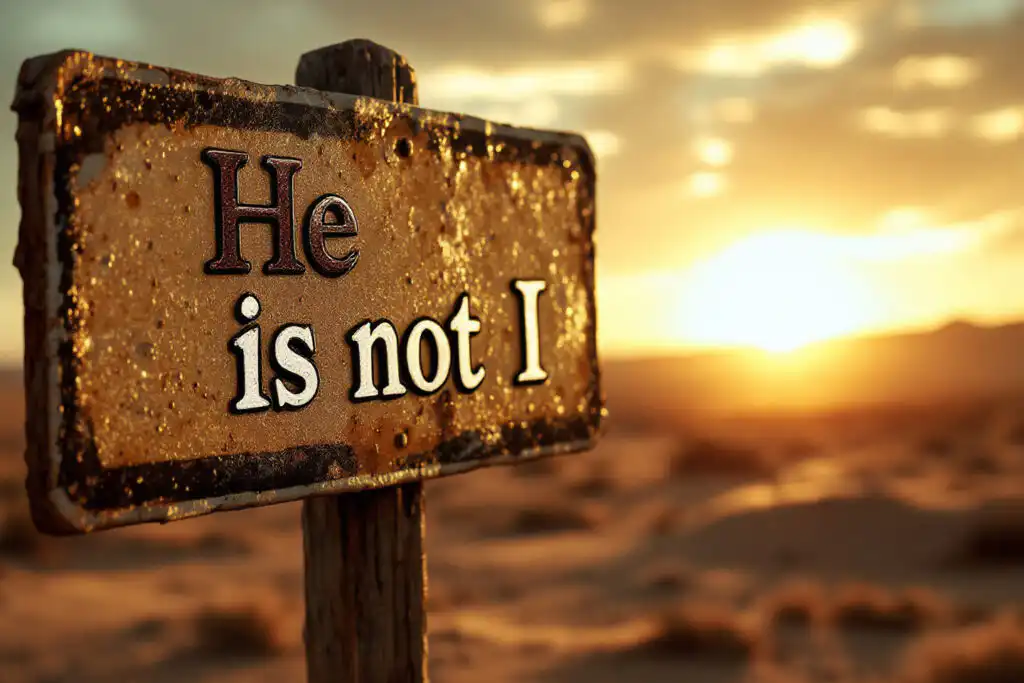 A realistic close-up image for John 120 Meaning showing an old signpost in the desert clearly pointing away from itself towards a brilliant setting sun