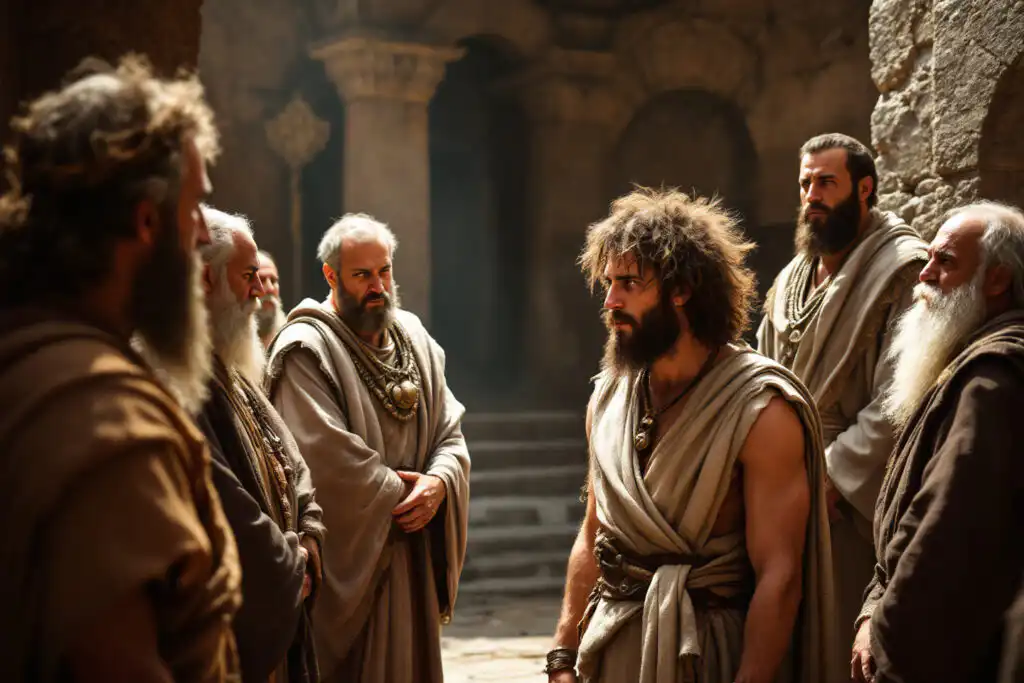 A realistic image for John 119 Commentary showing formally dressed priests intently questioning a wild-haired man in animal skins in a temple courtyard - Gospel of John: Discovering the Way, the Truth, and the Life A realistic image for John 119 Commentary showing formally dressed priests intently questioning a wild-haired man in animal skins in a temple courtyard