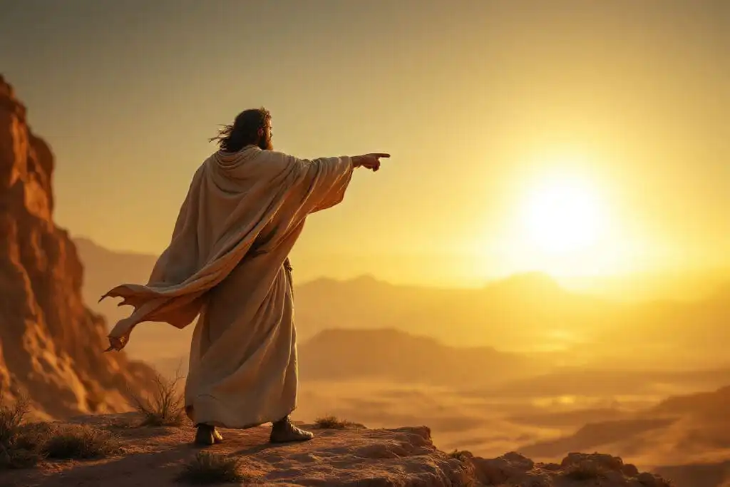 A realistic image for John 16 Commentary showing a desert prophet pointing away from himself towards a brilliant rising sun - Gospel of John: Discovering the Way, the Truth, and the Life A realistic image for John 16 Commentary showing a desert prophet pointing away from himself towards a brilliant rising sun