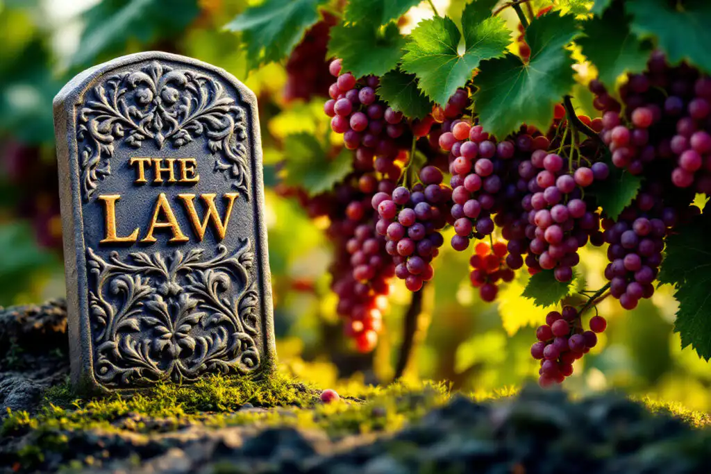 A symbolic image for John 117 Meaning contrasting a rigid stone tablet representing the Law with a vibrant fruitful vine symbolizing grace and truth