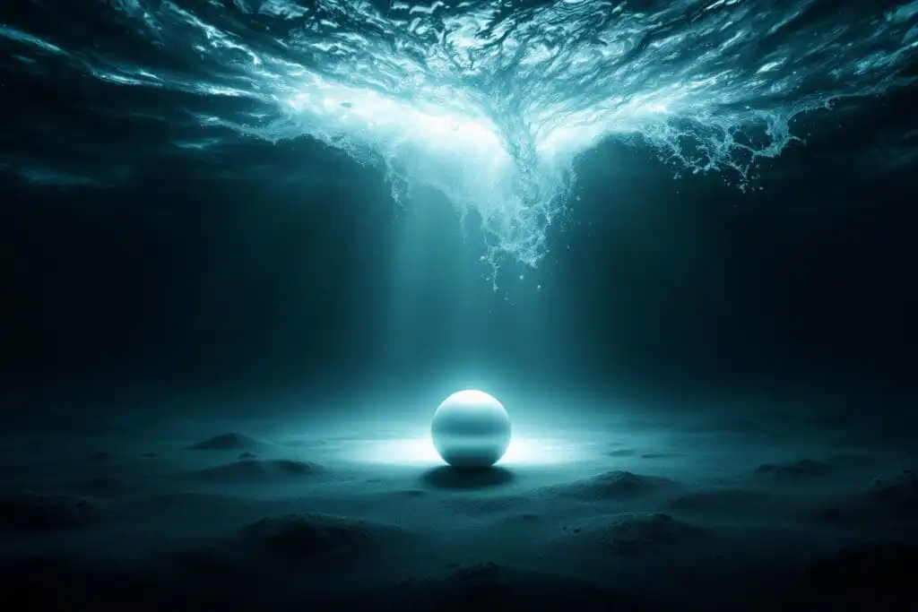 A symbolic image for John 15 Meaning showing a single glowing pearl resting peacefully on the seabed beneath a dark stormy ocean - Gospel of John: Discovering the Way, the Truth, and the Life A symbolic image for John 15 Meaning showing a single glowing pearl resting peacefully on the seabed beneath a dark stormy ocean