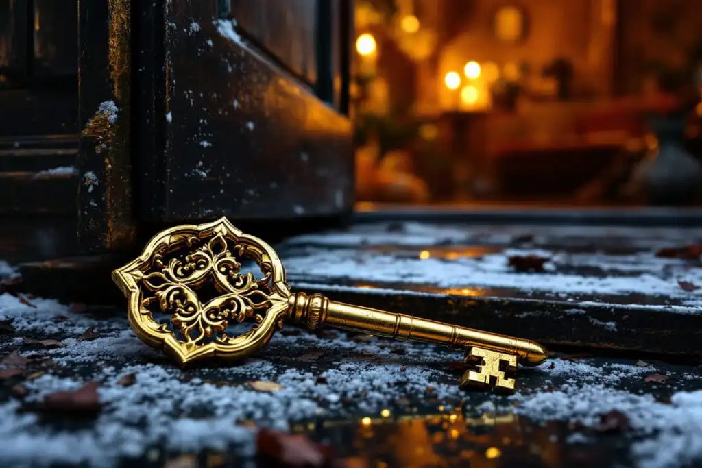 An emotional image for John 111 Explained depicting a discarded golden key lying on a cold threshold outside a grand locked door symbolizing rejection - Gospel of John: Discovering the Way, the Truth, and the Life An emotional image for John 111 Explained depicting a discarded golden key lying on a cold threshold outside a grand locked door symbolizing rejection