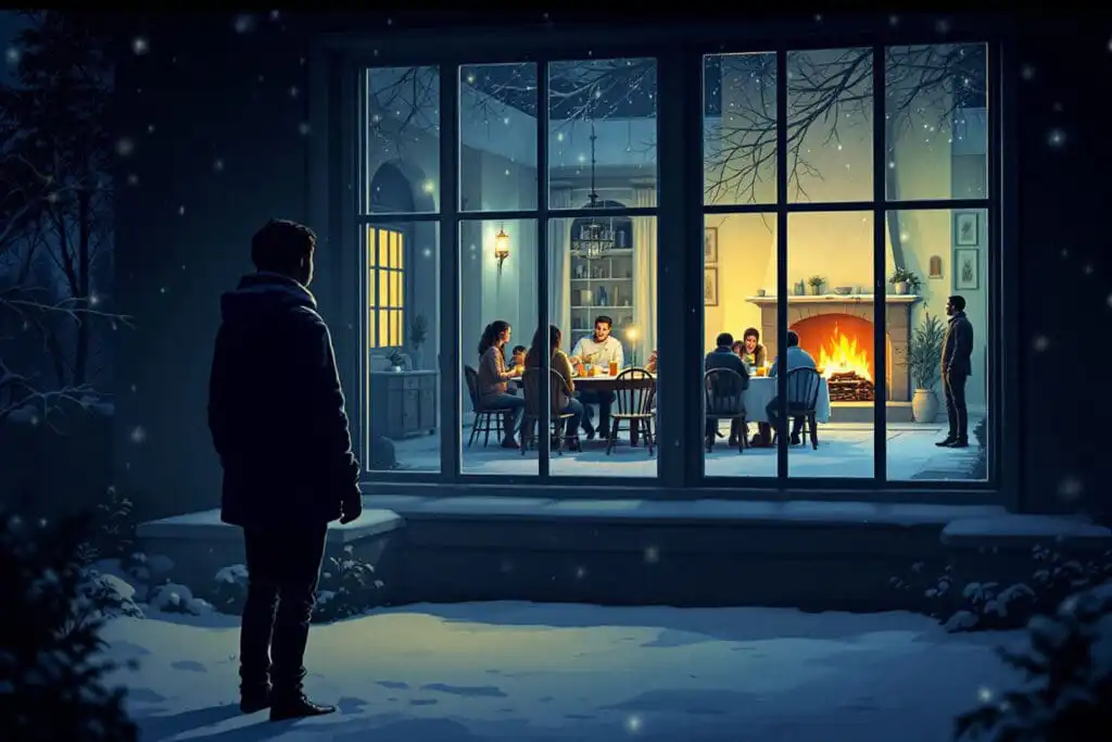 An emotional image for John 111 Explained depicting a person rejected by their own standing alone in the cold while looking into their warm family home - Gospel of John: Discovering the Way, the Truth, and the Life An emotional image for John 111 Explained depicting a person rejected by their own standing alone in the cold while looking into their warm family home
