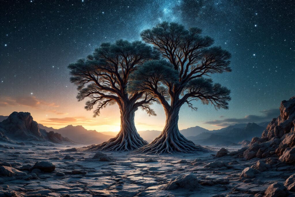 An image symbolizing John 12 Meaning featuring two ancient intertwined crystal trees standing together for eternity under a cosmic sky
