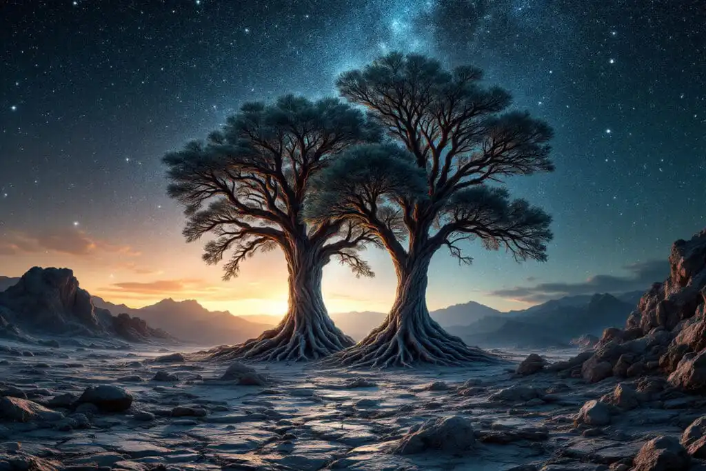 An image symbolizing John 12 Meaning featuring two ancient intertwined crystal trees standing together for eternity under a cosmic sky - Gospel of John: Discovering the Way, the Truth, and the Life An image symbolizing John 12 Meaning featuring two ancient intertwined crystal trees standing together for eternity under a cosmic sky